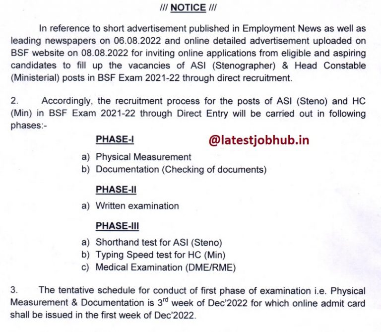 BSF Head Constable Admit Card 2023 24 ASI Steno Exam Date