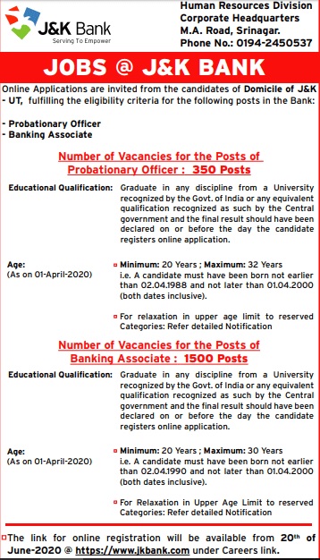 Jk Bank Recruitment 21 J K Bank Po Banking Associate Jobs