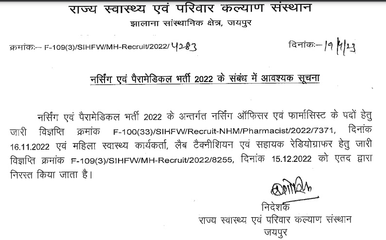 SIHFW Rajasthan Pharmacist Admit Card 2023