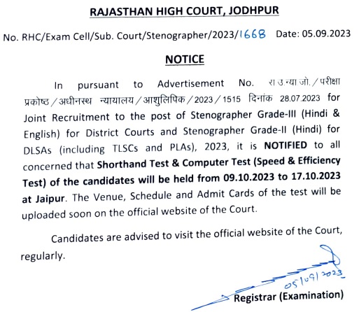 Rajasthan High Court Stenographer Admit Card 2023