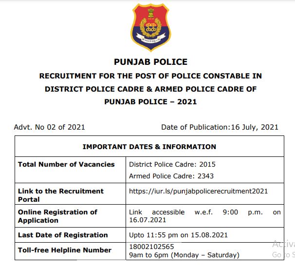Punjab Police Constable Recruitment Notice