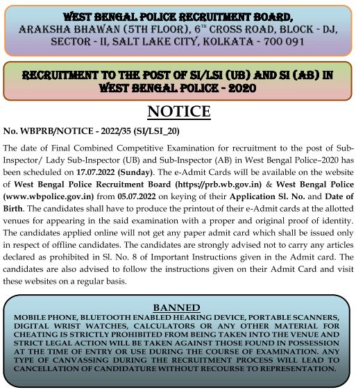 WB Police SI Final written Exam Date Notice