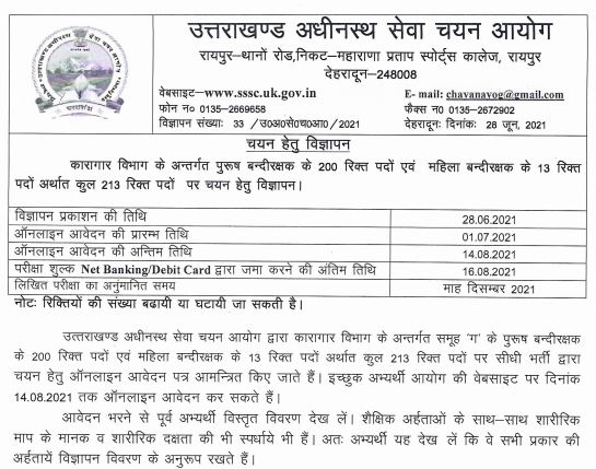 Uttarakhand SSC Jail Guard Vacancy