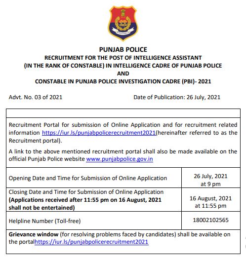 Punjab Police IA 1180 Vacancy Notification
