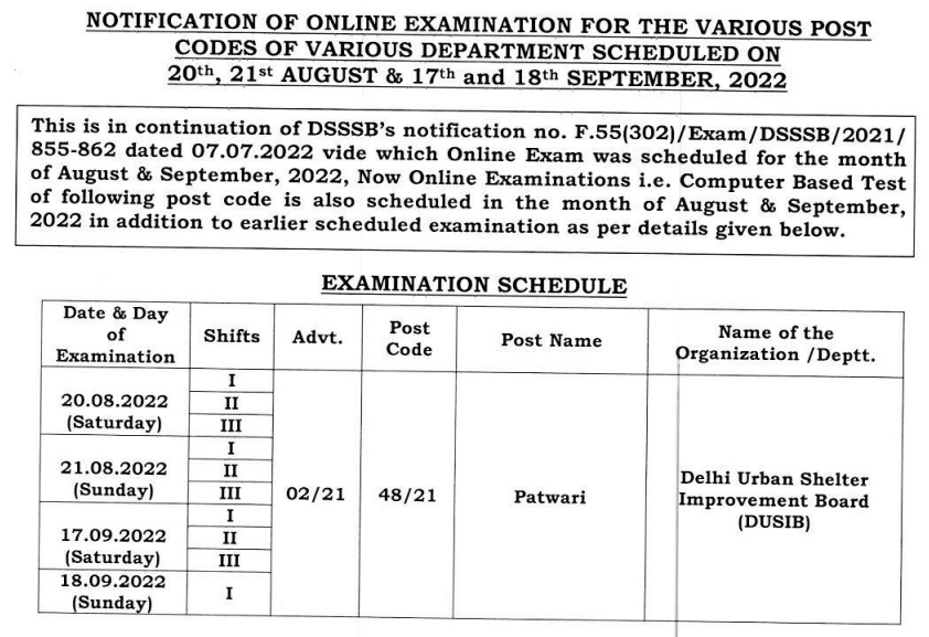 DSSSB-Patwari-Exam-Date