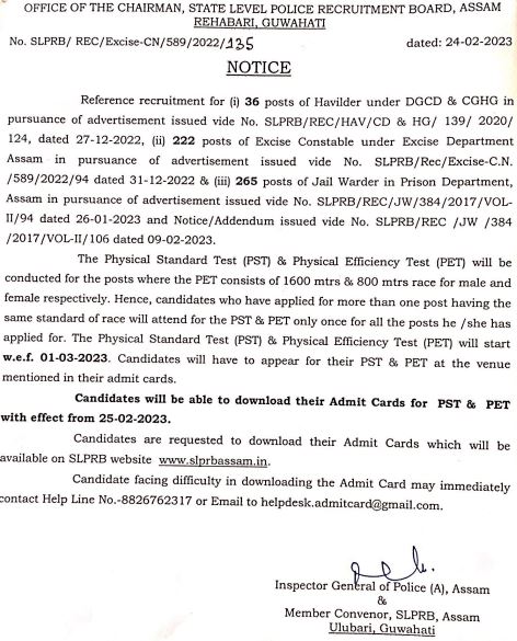 SLPRB Assam Jail Warder Exam Date