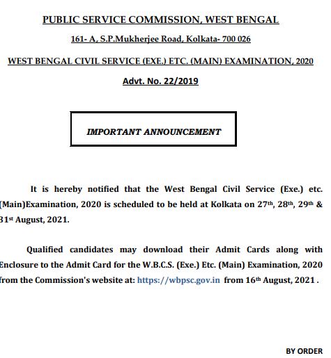 WBPSC Civil Service Mains Exam Notice
