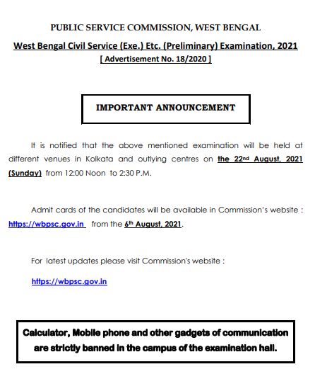 WBPSC Civil Service Prelims Exam Notice