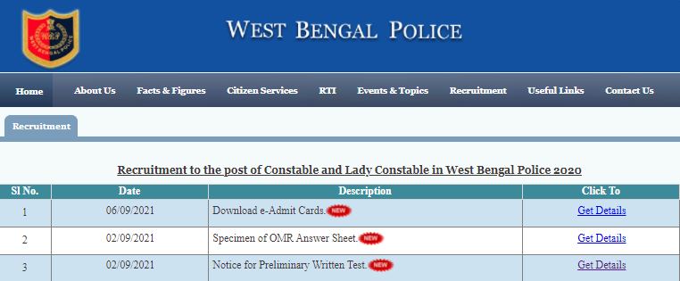 WB Police Constable Admit Card 