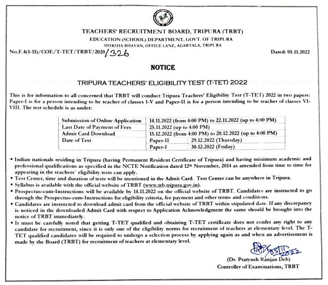 Tripura TET Exam Date Notice