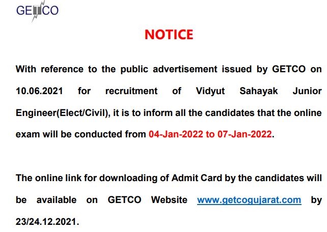 GETCO JE Admit Card 2022