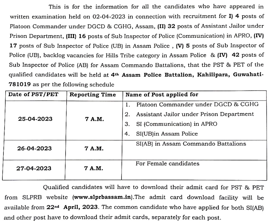 Assam Police SI Admit Card 2023 