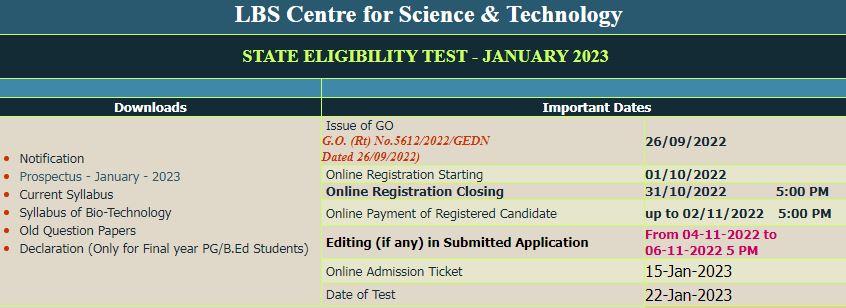Kerala SET Application Form Dates