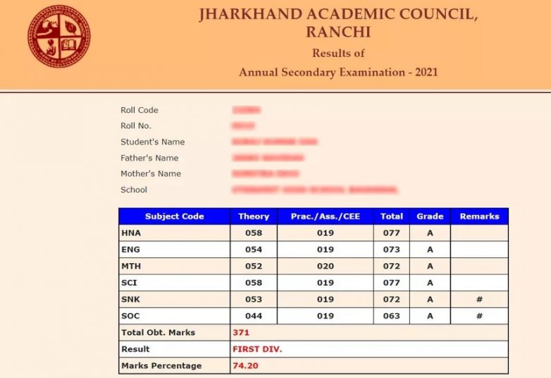 JAC 10th Result 2022- Jharkhand Board Matric Scorecard