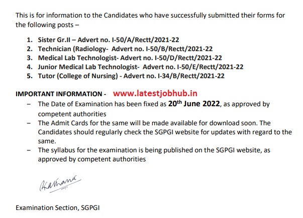 SGPGI Sister Gr. 2 Exam Date Notice