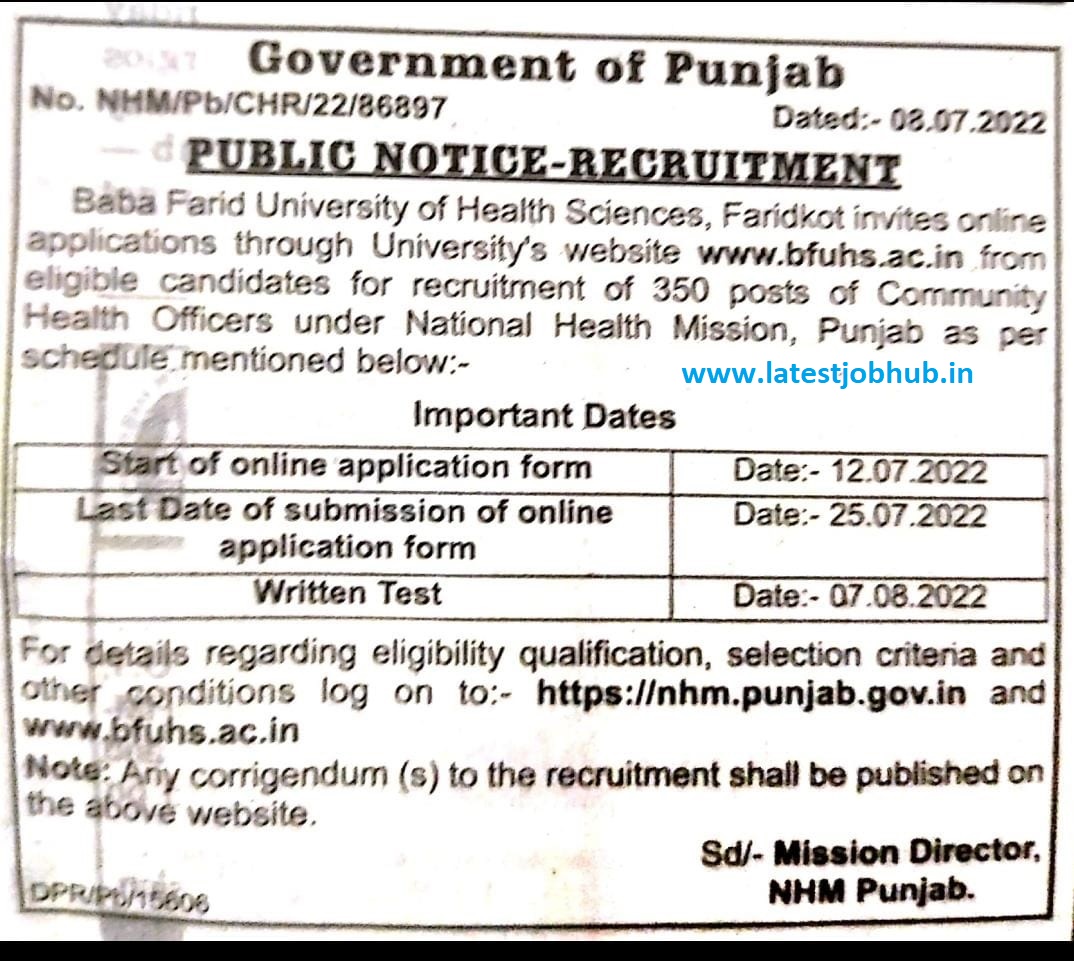 NHM Punjab CHO Recruitment 2022