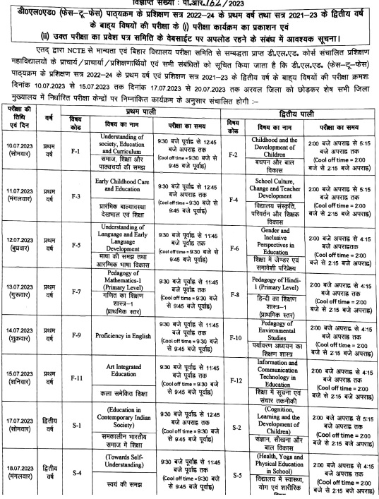 Bihar D.El.Ed 1st & 2nd year Time Table