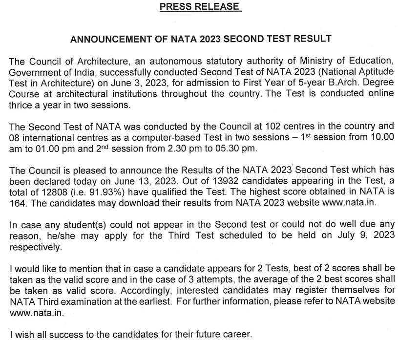 NATA Test 2 Result 2023