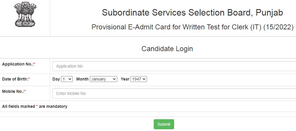Punjab SSSB Clerk Admit Card 2023 