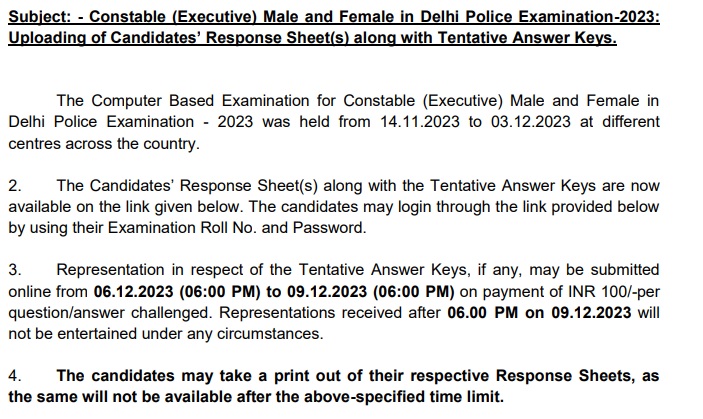 Delhi Police Constable Answer Key 2023 Raise Objection Link 