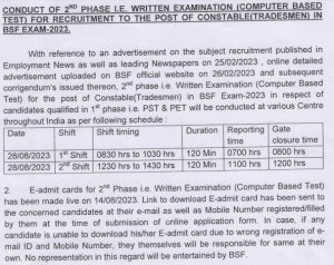 BSF Constable Tradesman Admit Card 2023 Exam Center City Out