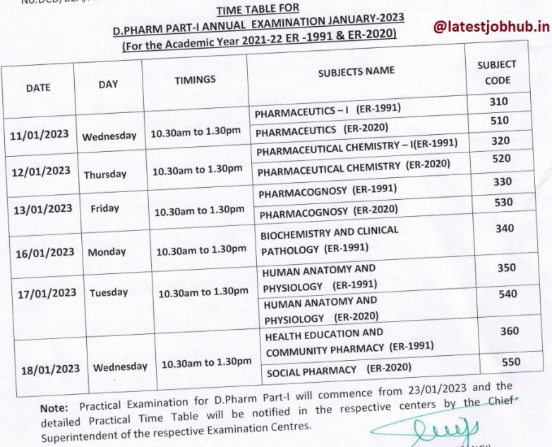 BEAD D Pharmacy 1st Year Exam Time Table 2023 PartI Exam