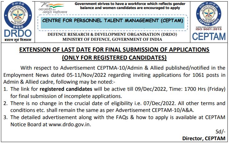 DRDO CEPTAM 10 A&A Application Last Date Extended Notice