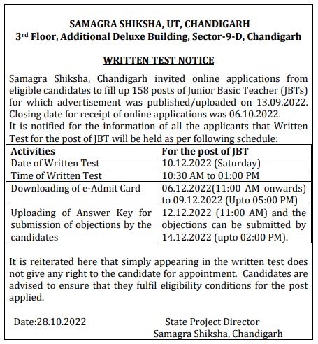 SSA Chandigarh JBT TGT Exam Date Notice
