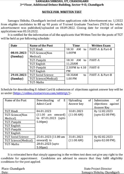 SSA Chandigarh TGT Exam Date Notice