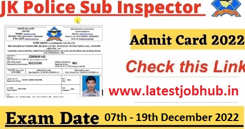 JK Police Sub Inspector Admit Card 2022