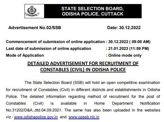 Odisha Police Constable Recruitment Notification