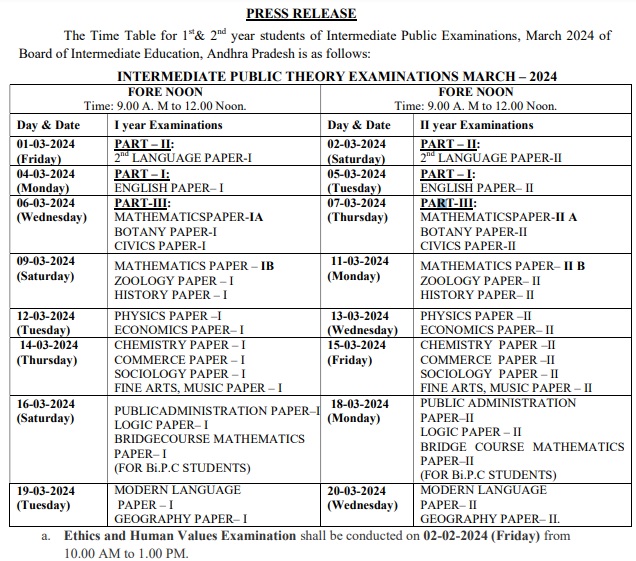 AP Inter 2nd Year Time Table 2024 