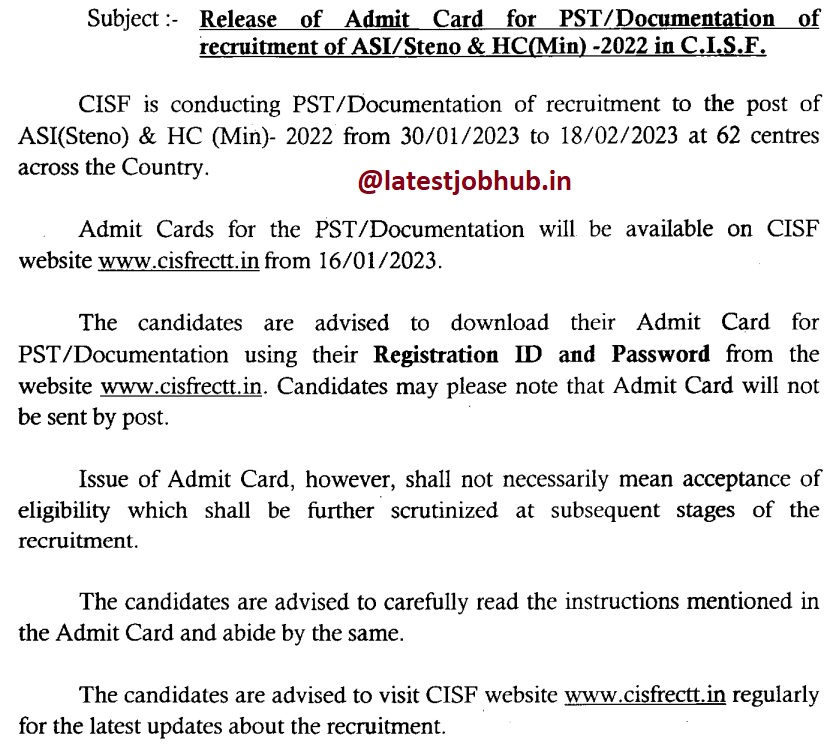 CISF Head Constable Admit Card 2023 HCM Physical Date Out