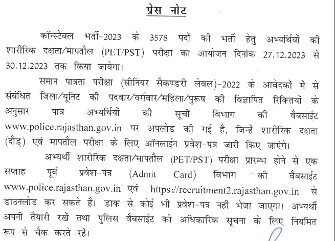 Rajasthan Police Constable Cut off Marks 2024