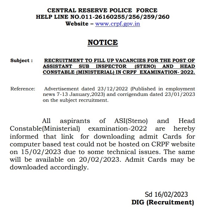 CRPF Head Constable Exam Date Notice