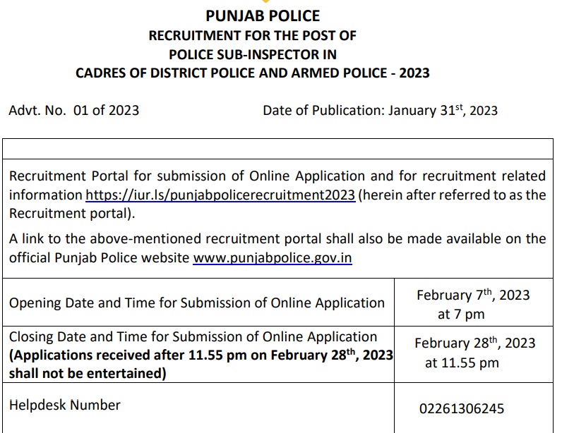 Punjab Police SI Recruitment 2023 