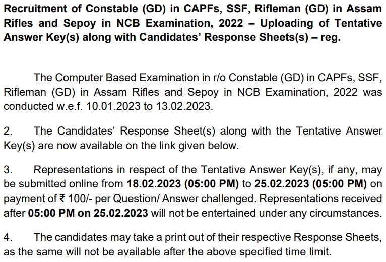 SSC GD Constable Answer key 2023