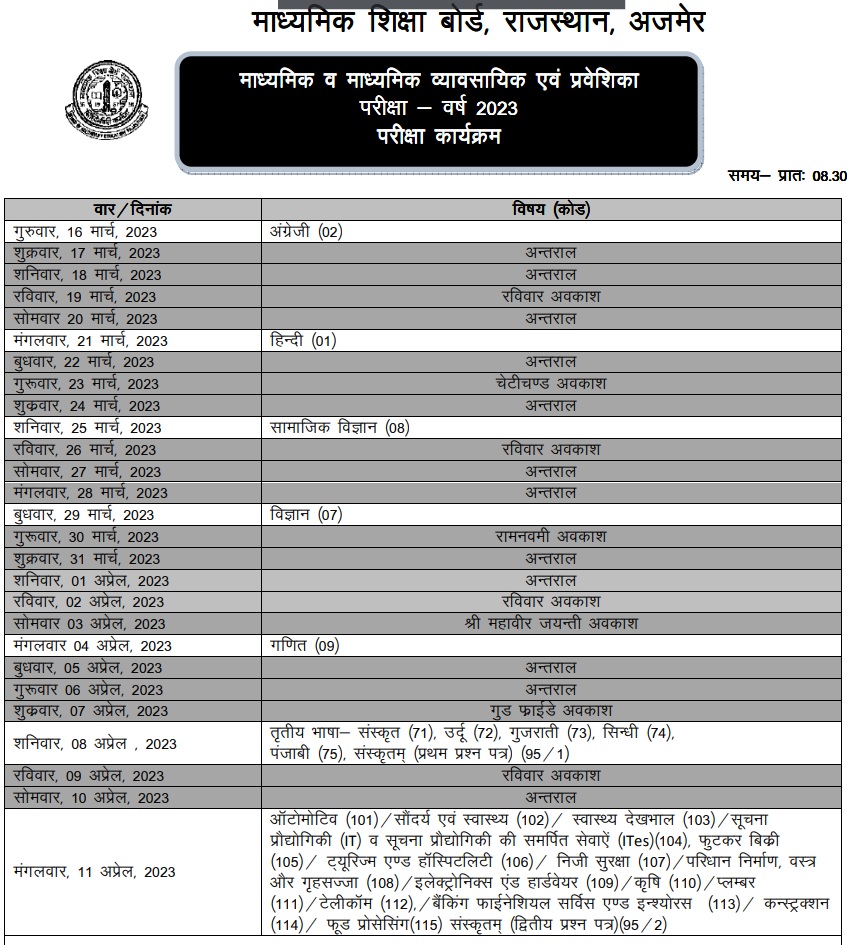 Rajasthan Board 10th Time Table 2023