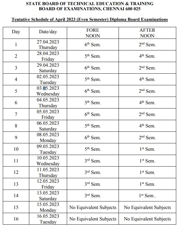 TNDTE Diploma Time Table 2023 