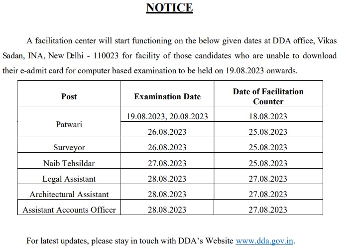 DDA Patwari Admit Card 2023