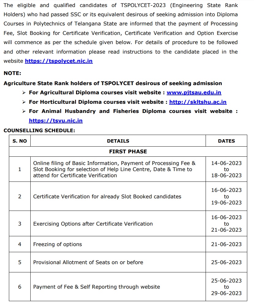 TS POLYCET Counselling 2023