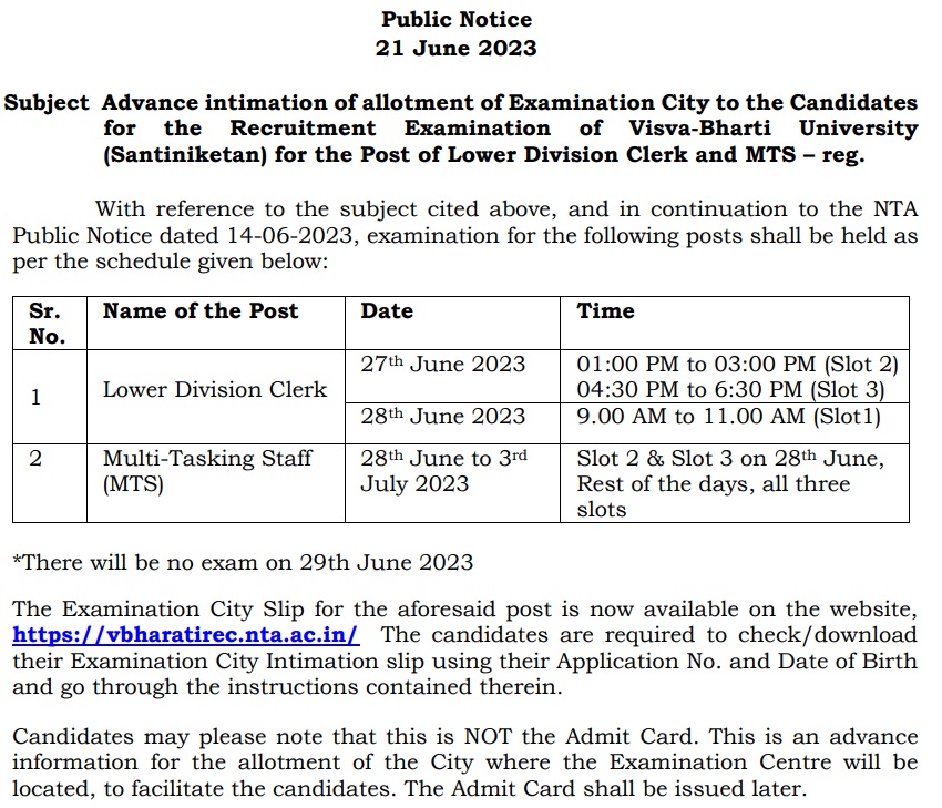 NTA Visva Bharati Admit Card 2023