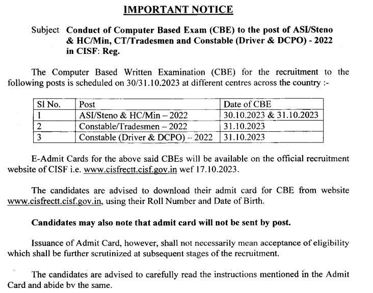 CISF ASI Constable Admit Card 2023
