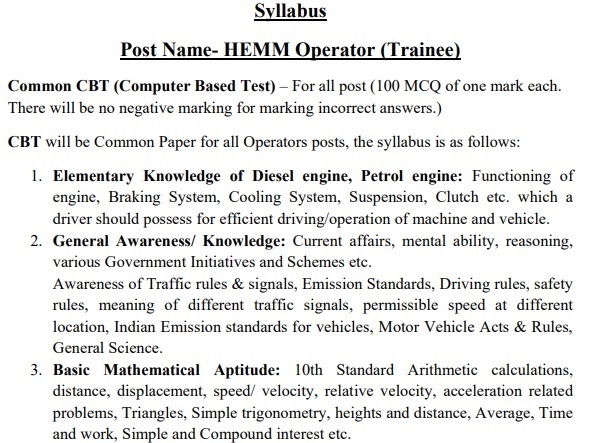 NCL Dumper Operator Admit Card