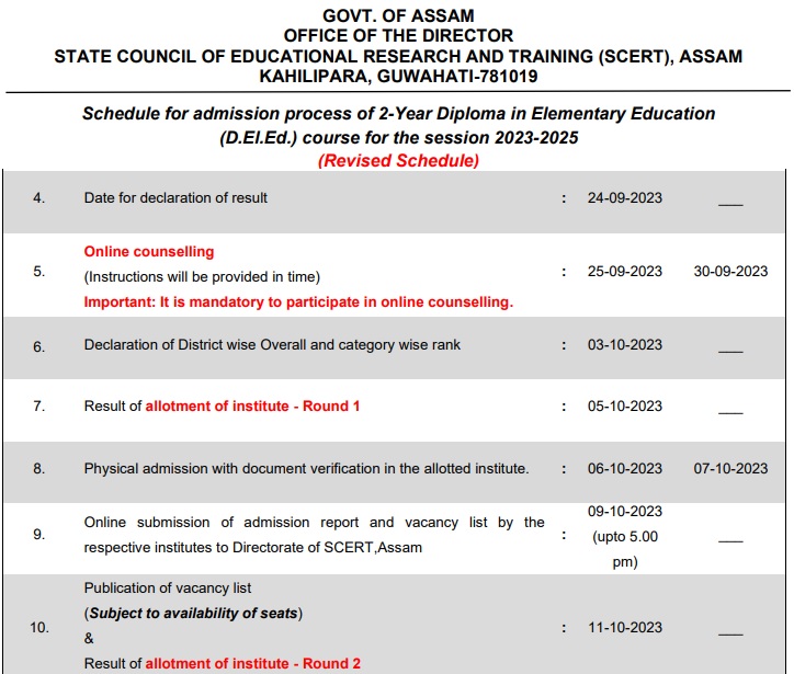 Assam Deled Seat allotment List, Counselling Result, SCERT D.El.Ed 1st Round College Allotment 