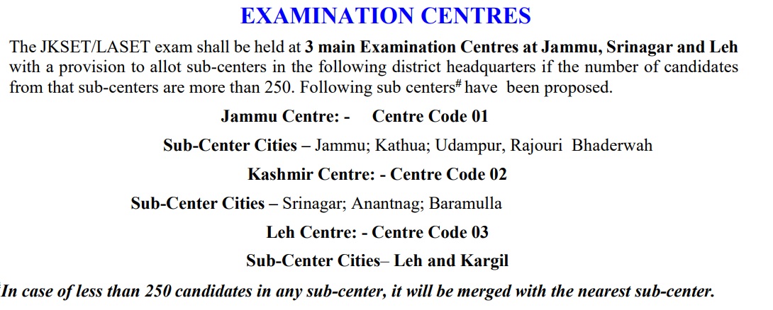 JK SET Exam Centres List 2023-24 