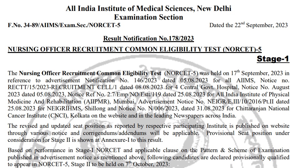 AIIMS Delhi Nursing Officer Result 2023-24