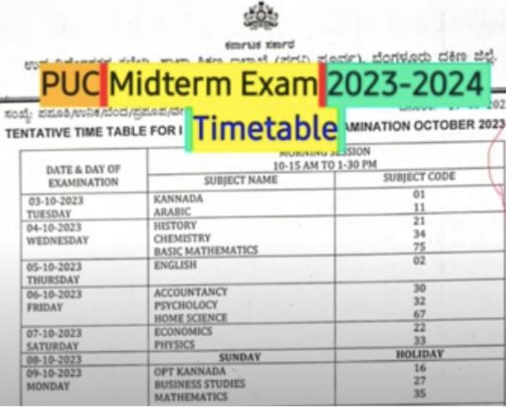 PUC Mid Term Exam Time Table 2023