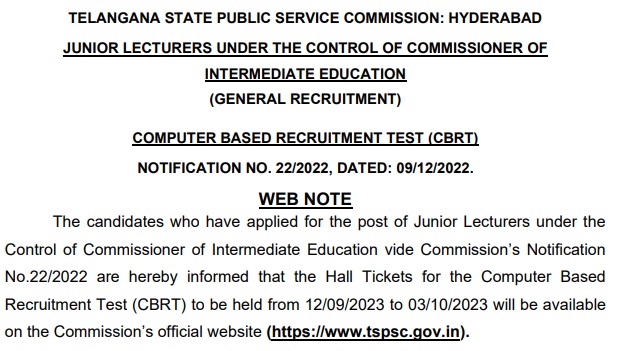 Telangana State PSC JL Admit Card 