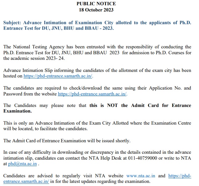 NTA PhD Entrance Admit Card 2023-24